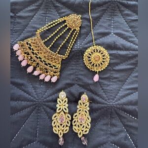 Indian Pakistani Gold and Pink Jewelry Set